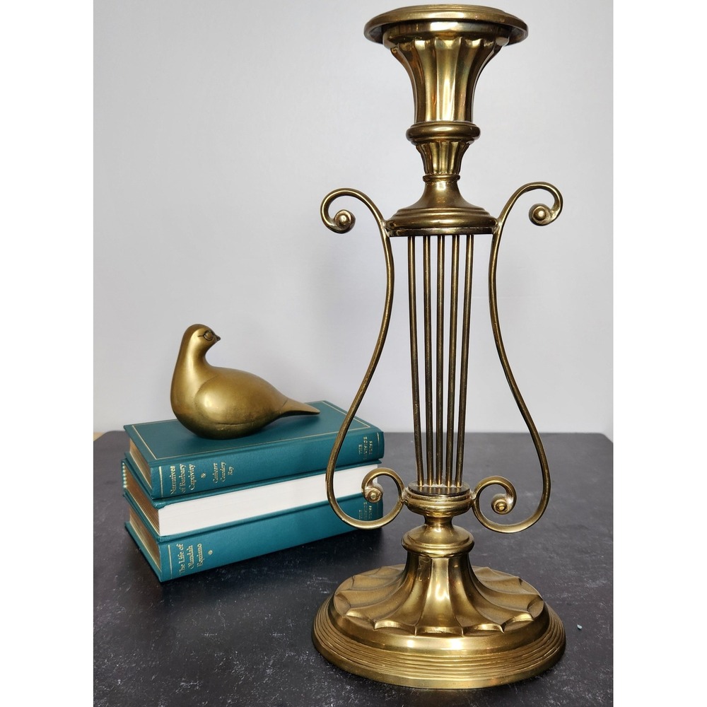 Vtg Mid Century Brass Lyre Harp Taper Candle Holder Antique Ornate Candlestick